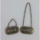 Malmsey & Hock white metal decanter labels, 4.5cm (2)