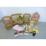 Collection of vintage dolls furniture to include a three piece bamboo conservatory suite and a
