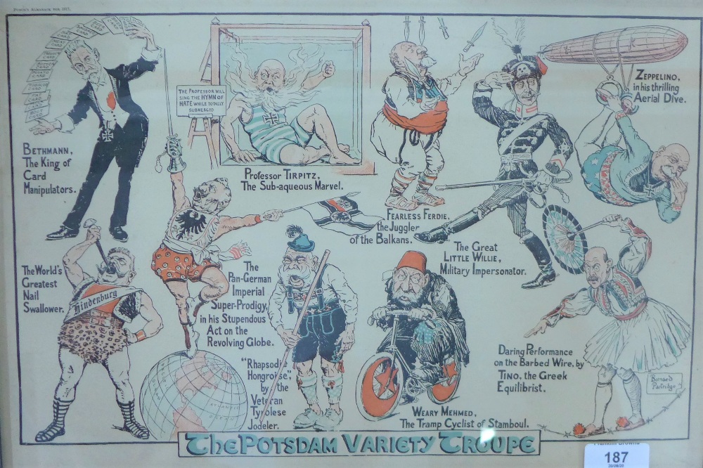 Early 20th century coloured print for Punch's Almanack 1917 - The Potsdam Variety Troupe, in a