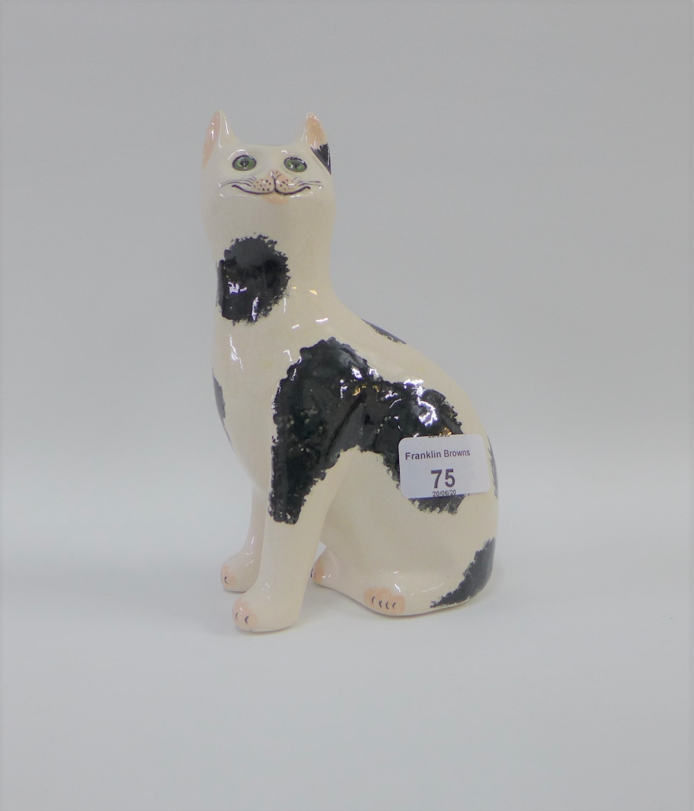 Griselda Hill black and white glazed Wemyss style cat, printed backstamps, 18cm high
