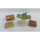 Mixed lot to include an onyx desk set with a bronzed metal dog, Japanese parquetry inlaid box and