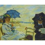 20th century School, Two lady's with sun parasols at the seaside, oil on board, apparently unsigned,