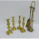 Brass fireside companion set together with brass Diamond Princess knop stemmed candlesticks, etc (5)