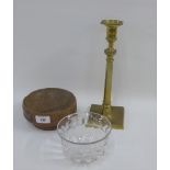 Brass candlestick, glass finger bowl and a treen bowl, (3)