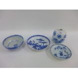 Mixed lot of blue and white porcelains to include two Chinese saucer dishes, Japanese bowl and a