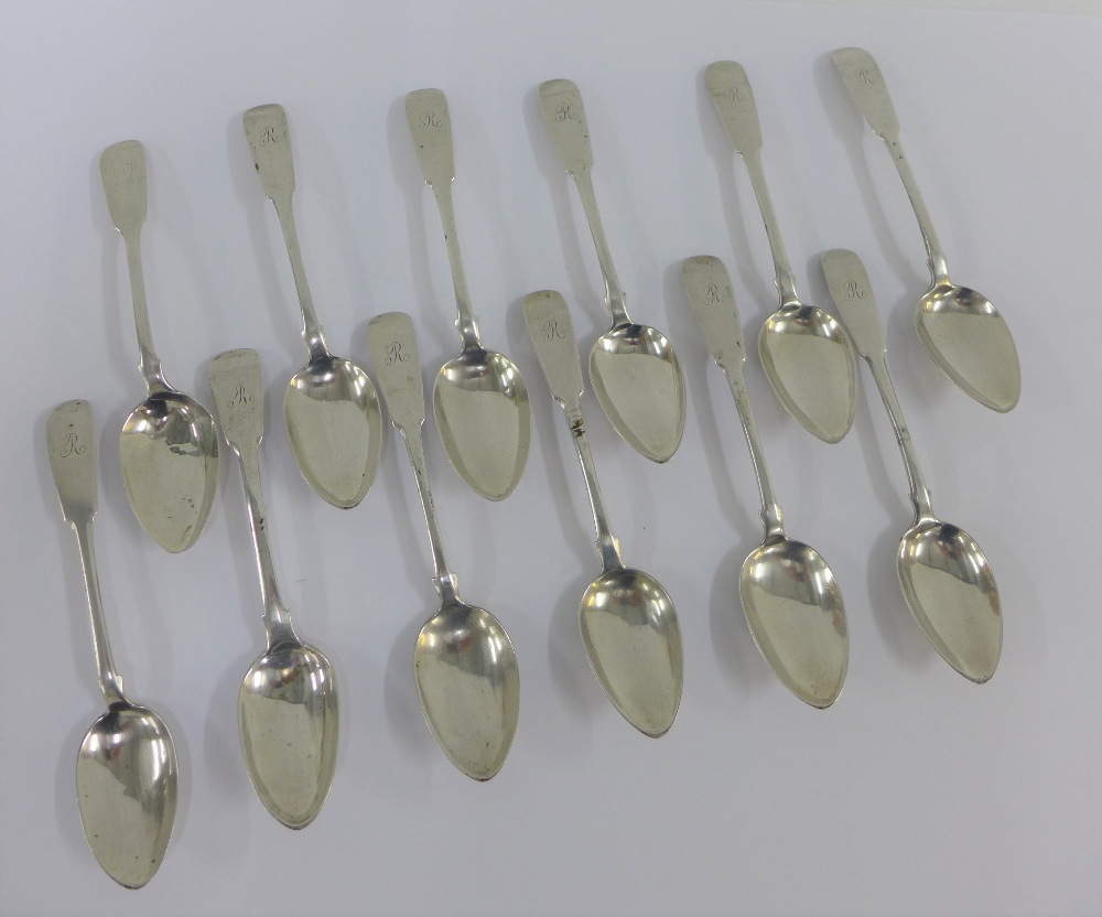 Twelve Scottish provincial silver fiddle pattern spoons to include ten with makers mark for James