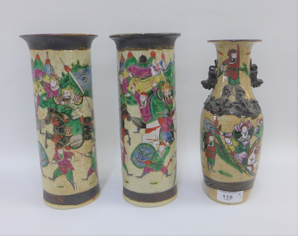 Pair of Chinese pottery vases with warrior pattern together with a similarly decorated baluster - Image 2 of 3