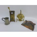 Mixed Art Nouveau metal wares to include a brass spirit kettle and copper crumb scoop, etc