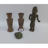 Metal wares to include a bronze figure, bronze plaque and pair of copper and mixed metal inlaid