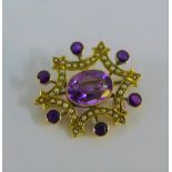 9 carat gold amethyst and seed pearl brooch, stamped 9ct, 3cm long