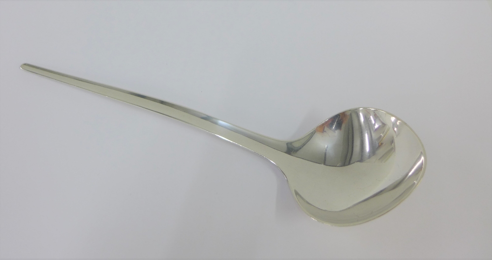 Georg Jensen silver ladle of modernist form, stamped Sterling Denmark etc, 26cm long