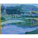 Turnbull (Scottish School) Village with river scene with distant hills and steeples to the