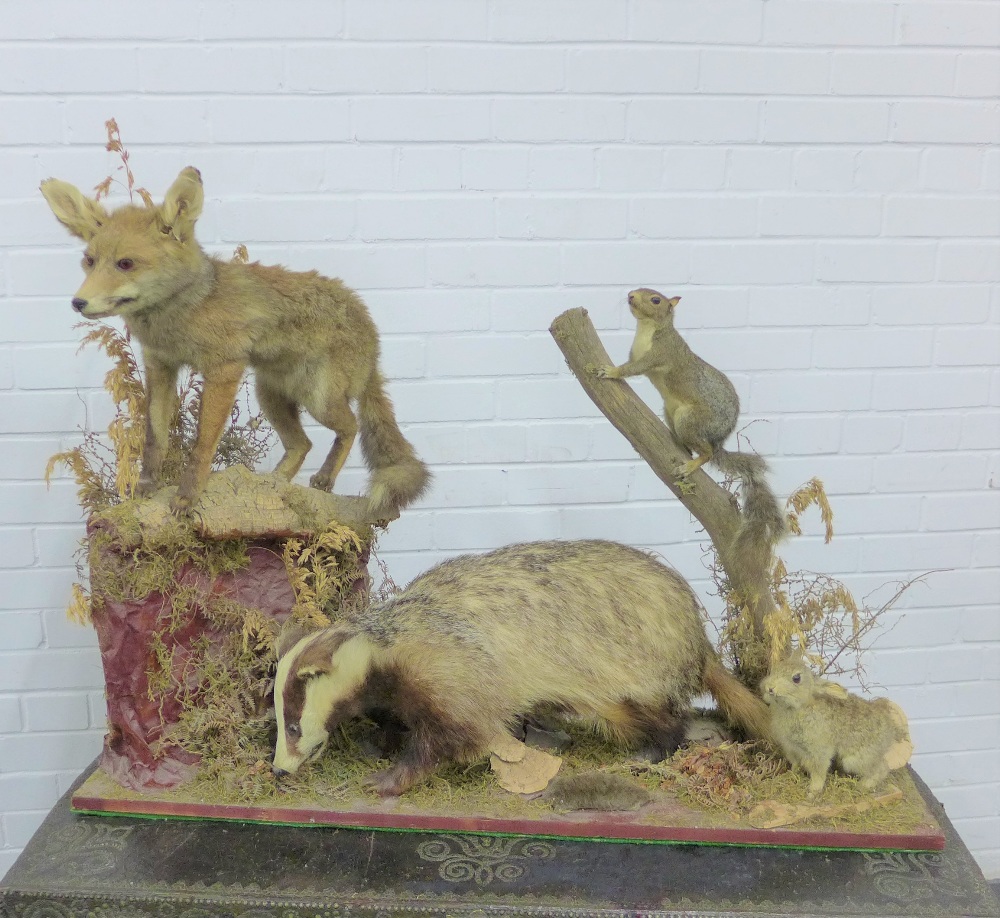 Taxidermy group of a fox, badger, squirrel, mole and rabbit, on a plinth base, 107 x 80 x 30cm