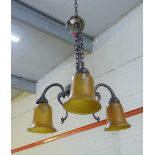 Art Nouveau style three branch light fitting with yellow opaque glass shades