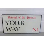 Borough of St Pancras York Way N1, rectangular enamel sign with black and red script to a white