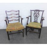 Two mahogany framed open armchairs to include a ladderback chair with upholstered seat and a