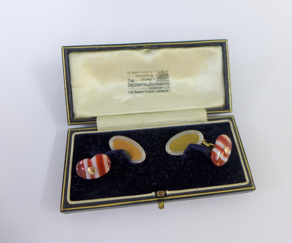 18 carat gold and platinum banded agate cufflinks, boxed