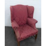 Wing armchair with red damask style upholstery, 110 x 84cm