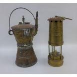 Thomas & Williams Miners brass safety lamp, numbered 117602 together with a coppered metal oil