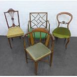 Mahogany Cockpen chair with upholstered seat together with two side chairs and a corner chair,