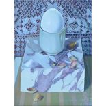 Brenda Carter Still life of a boiled egg and egg cup, Oil on board, signed and dated 1972, framed,