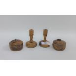 Pair of Stinkwood miniature candlesticks and a pair of Ropp wooden trinket boxes, tallest 8cm (4)