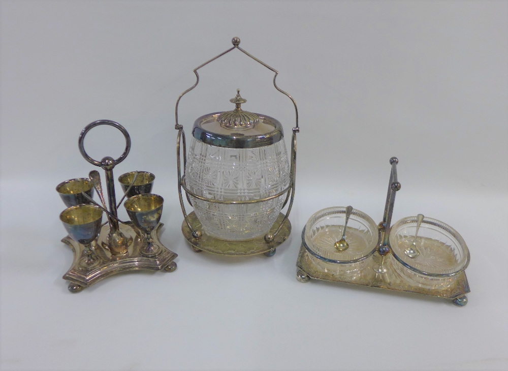 Epns wares to include a biscuit barrel, butter dishes and an egg cup stand, (3)