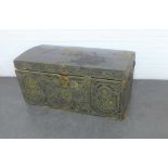 Antique Spanish style leather covered trunk with brass stud work pattern of flowers and birds,58 x