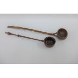 19th century treen ladle and another with twisted stem, longest 40cm (2)