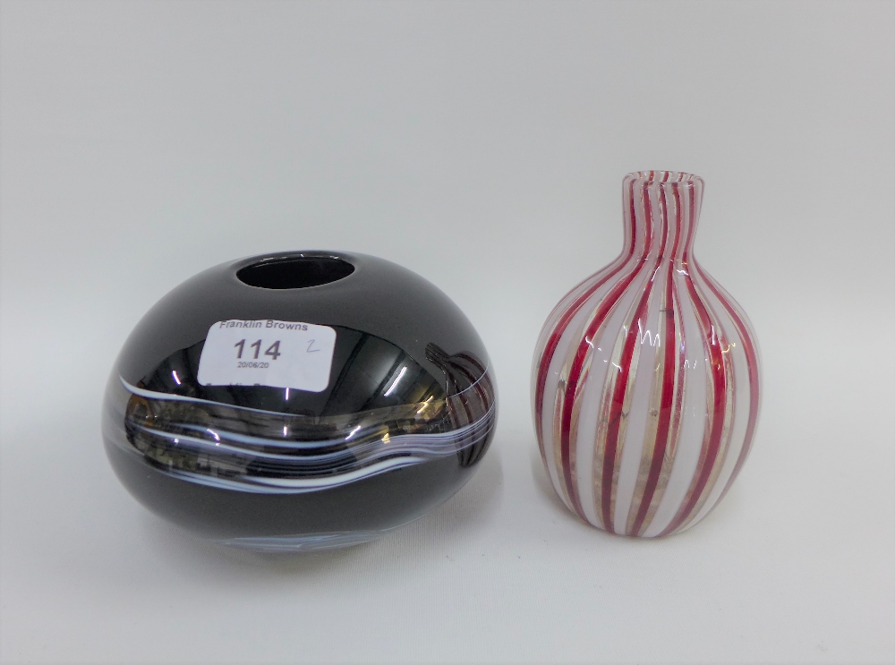 A contemporary art glass vase, signed with monogram and dated '15, together with a red and white