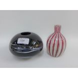 A contemporary art glass vase, signed with monogram and dated '15, together with a red and white