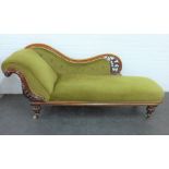 19th century mahogany framed chaise longue with scrolling button back and terminating on ceramic