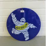 Vintage Michelin blue, yellow and white enamel sign of circular shape, 40cm diameter