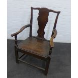 Provincial dark wooden open armchair with solid splat and seat 102 x 60cm