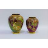 Two Carlton Ware Weeping Willow patterned Rouge Royale vases, tallest 13cm