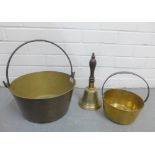 Brass school bell and two brass jelly pans (3)