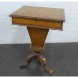19th century mahogany and inlaid games table on carved pedestal and triple legs, 80 x 52cm (a/f)