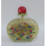 Large glass snuff bottle painted with warriors and with character marks to the shoulders, with red