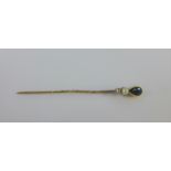 Diamond, sapphire and pearl tiepin, tests as 9 carat, 6.5cm long