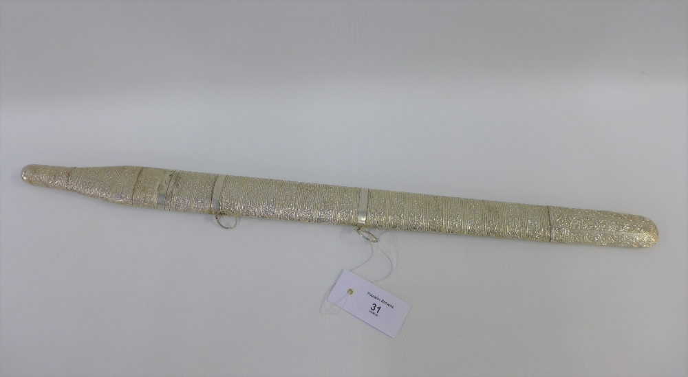 Eastern white metal ceremonial sword and scabbard, length of blade 43cm and length overall is