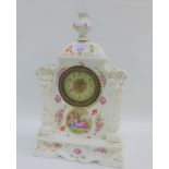 Continental porcelain cased mantle clock with transfer print Kauffmann figures and flowers, finial