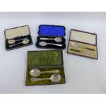 Cased pair of Art Deco silver teaspoons and various cased sets of Epns spoons to include Berry