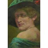 Continental School, head and Shoulders portrait of a woman wearing a green hat and off the