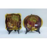 Two Carlton Ware Weeping Willow patterned Rouge Royale bowls, one square the other oval, with