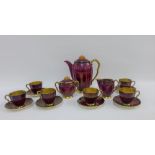 Carlton Ware rouge Royale coffee set comprising coffee pot, cream jug, twin handled sugar bowl,