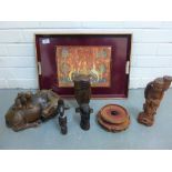 A mixed lot of wooden wares to include a carved owl, water buffalo figure and Buddha head, etc (a