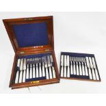 Mahogany canteen containing a set of mother of pearl and Epns fruit knives and forks, 18 knives,