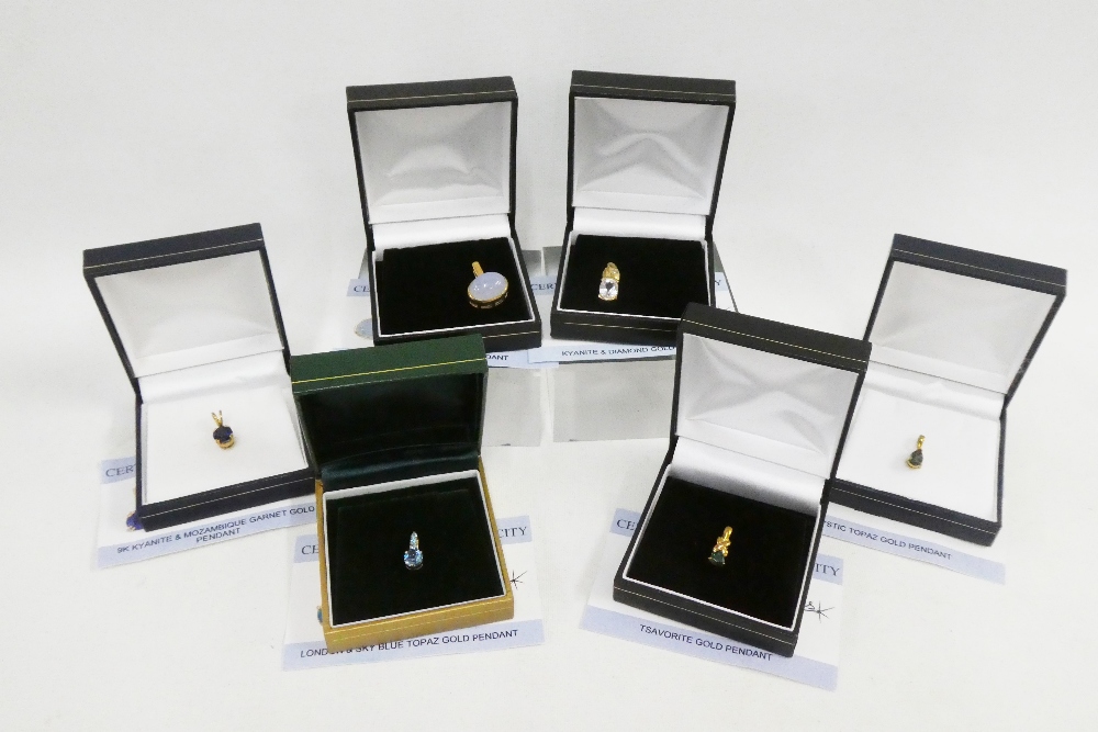 Six modern 9ct gold and gemset pendants (6)