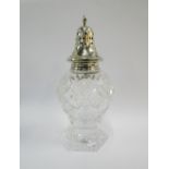 George VI cut glass and silver topped sugar castor, Henry Hobson & Sons,London 1937, 18cm high