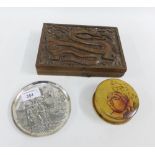 Mixed lot to include a Chinese Dragon carved cigar box, continental white metal dish and fruitwood